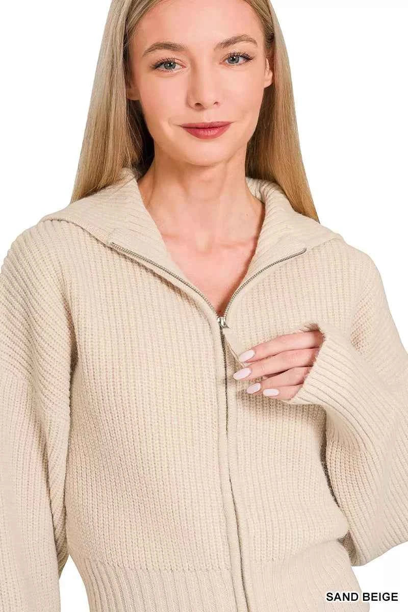 Zenana Ribbed Collared Zip Up Sweater Cardigan 6768e76a4f74496a8a900b4454b4d8e4-Max-Origin