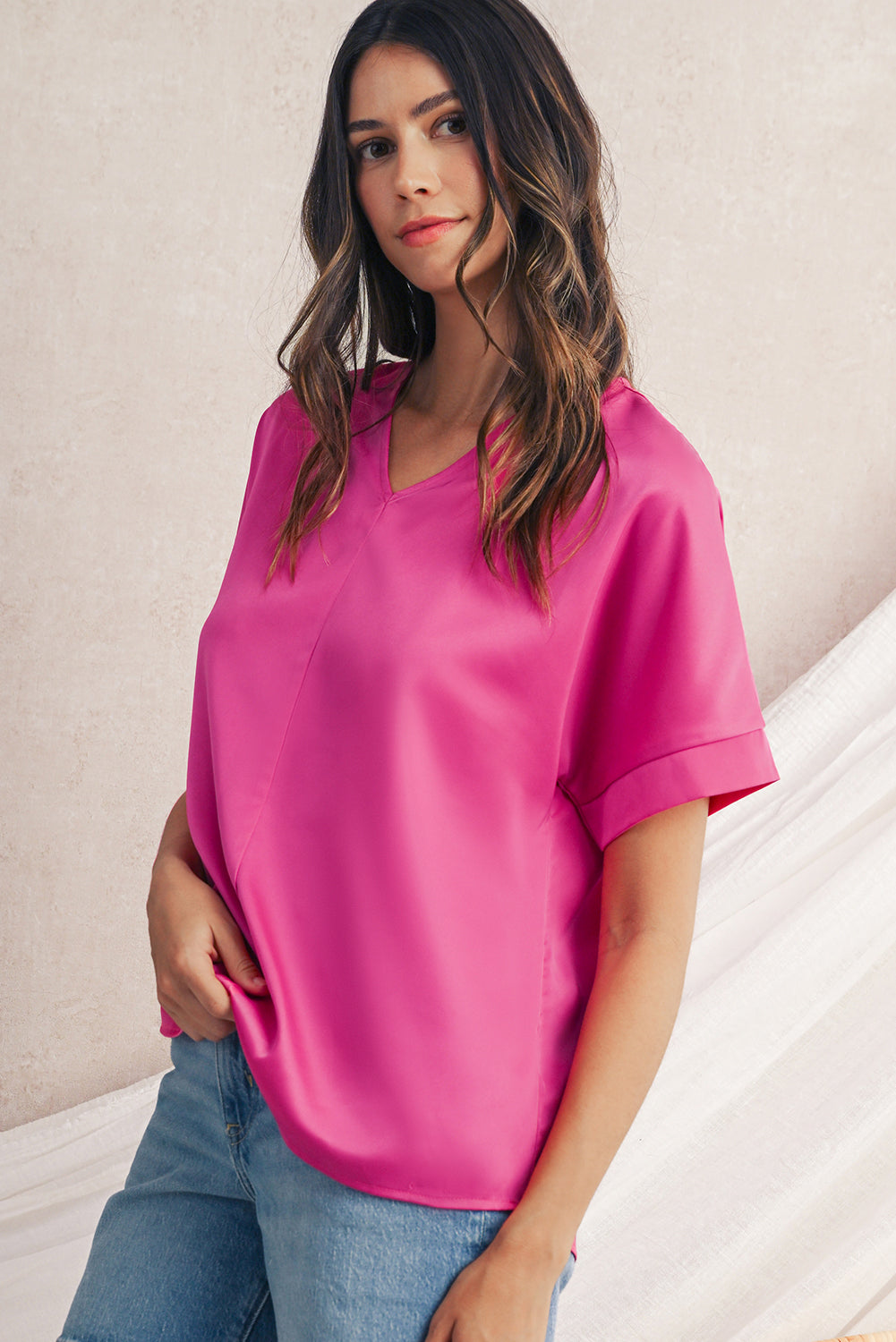 Bright Pink Plain V-Neck Dolman Sleeve Loose Top 676b7c6aa28a274b