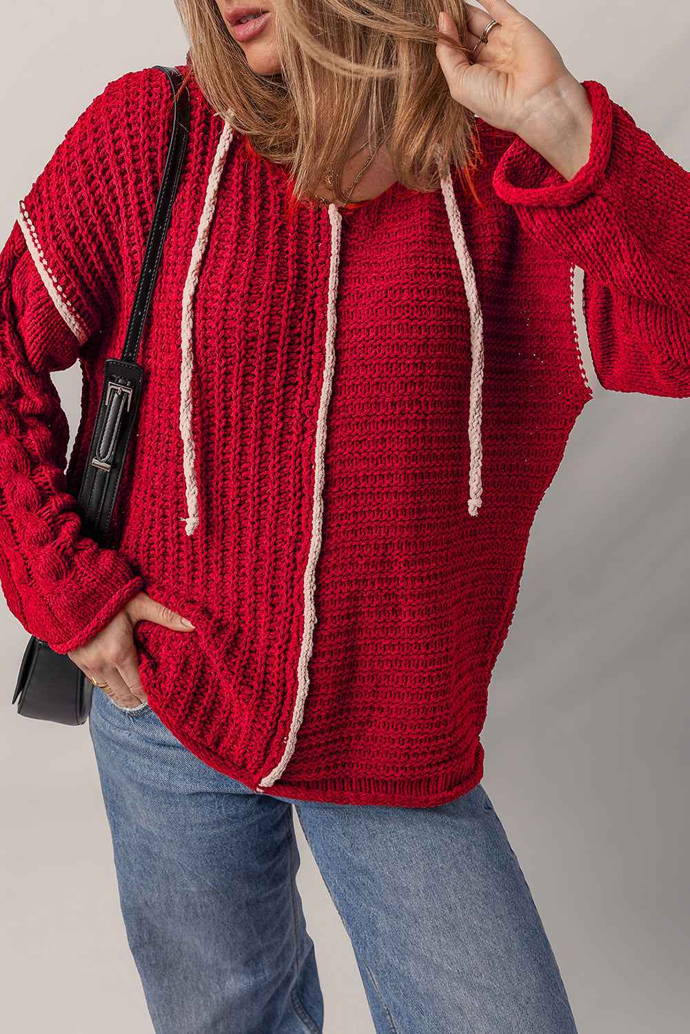 Racing Red Contrast Trim Textured Knit Drawstring Hooded Sweater 676d55bcab437384