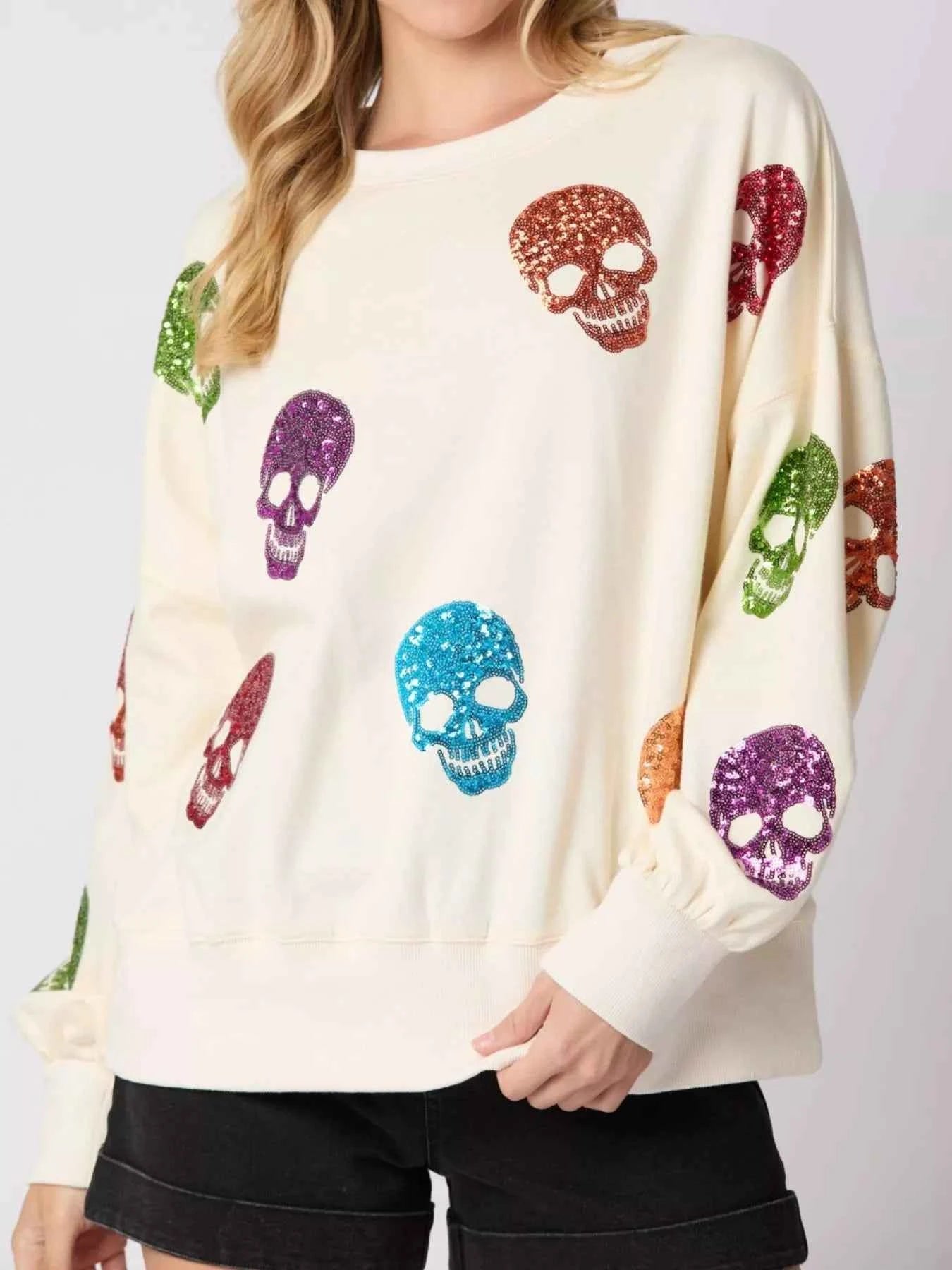 Halloween Colorful Skull Sequin Oversized Sweatshirt Milky White 676d690a-24a5-4b87-90a1-0ad5c13a83e9-Max-Origin