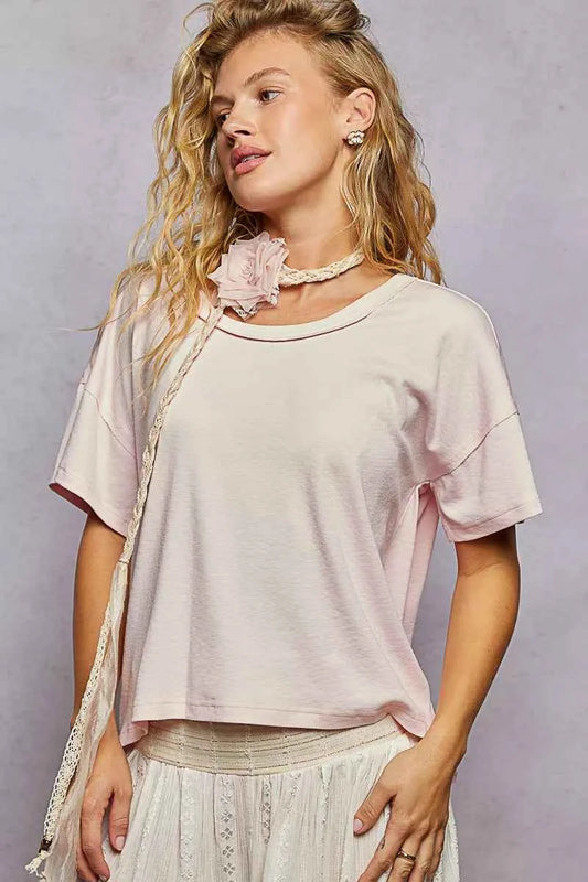 POL Round Neck Short Sleeve T-Shirt with High Low Hem CLOUD PINK 676efdc3-48ea-45a6-a9d0-5170ade6d622-Max-Origin