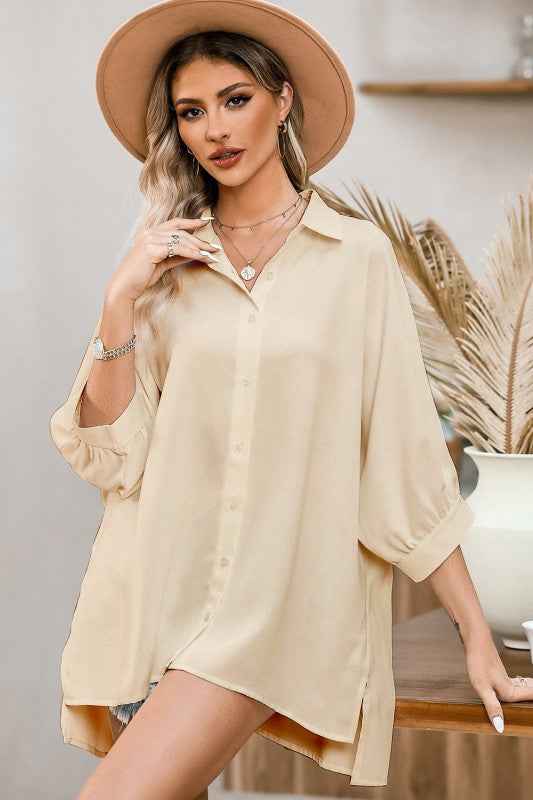 Solid 3/4 Puff Sleeve Oversize Shirt 67712dda-08f0-4275-a5b1-4bc79afb6fcd