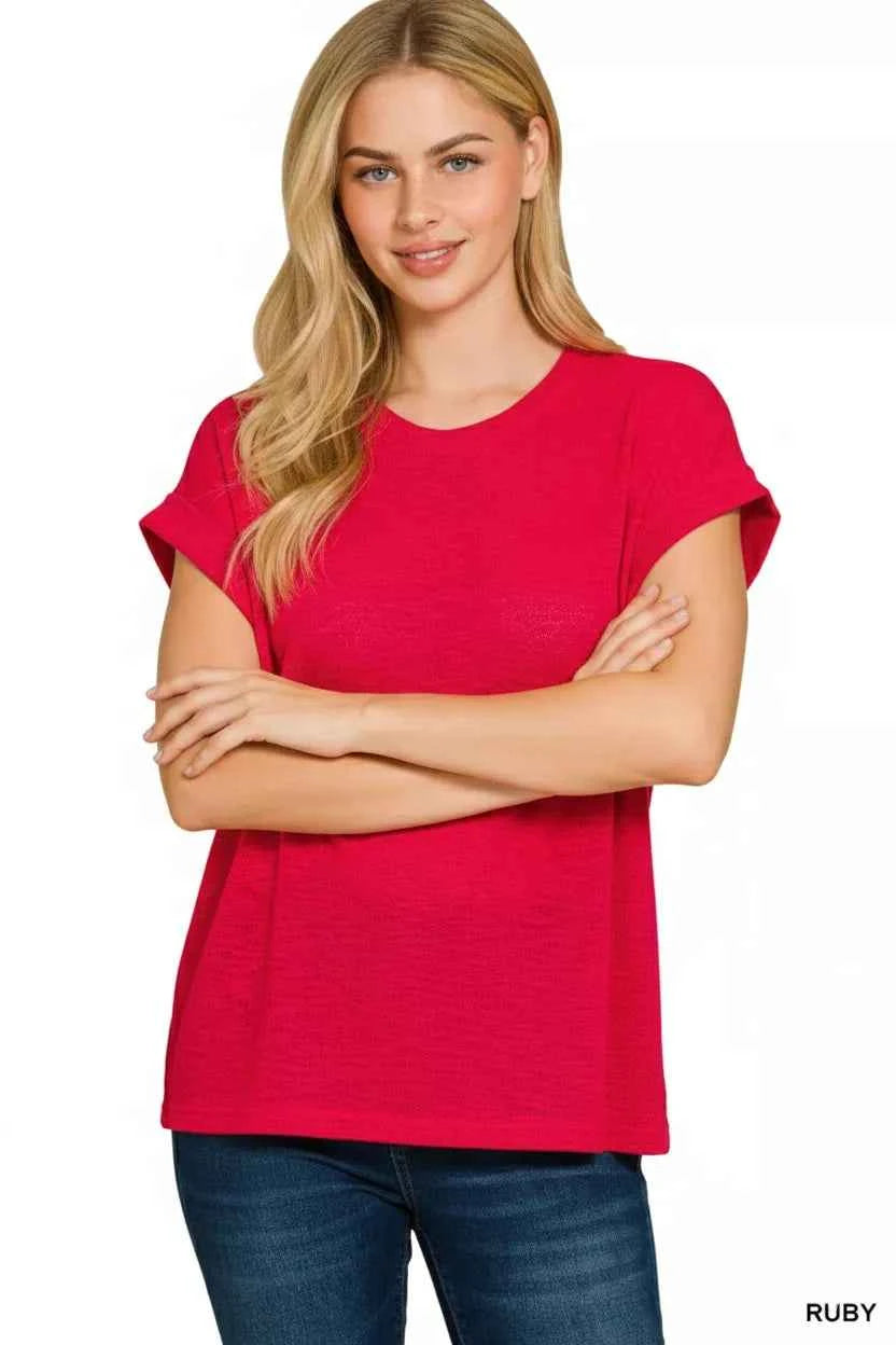 Zenana Hacci Slub Rolled Up Sleeve Tee 67727a76-01c9-4c3f-8da6-d1b158f2f58d-Max-Origin