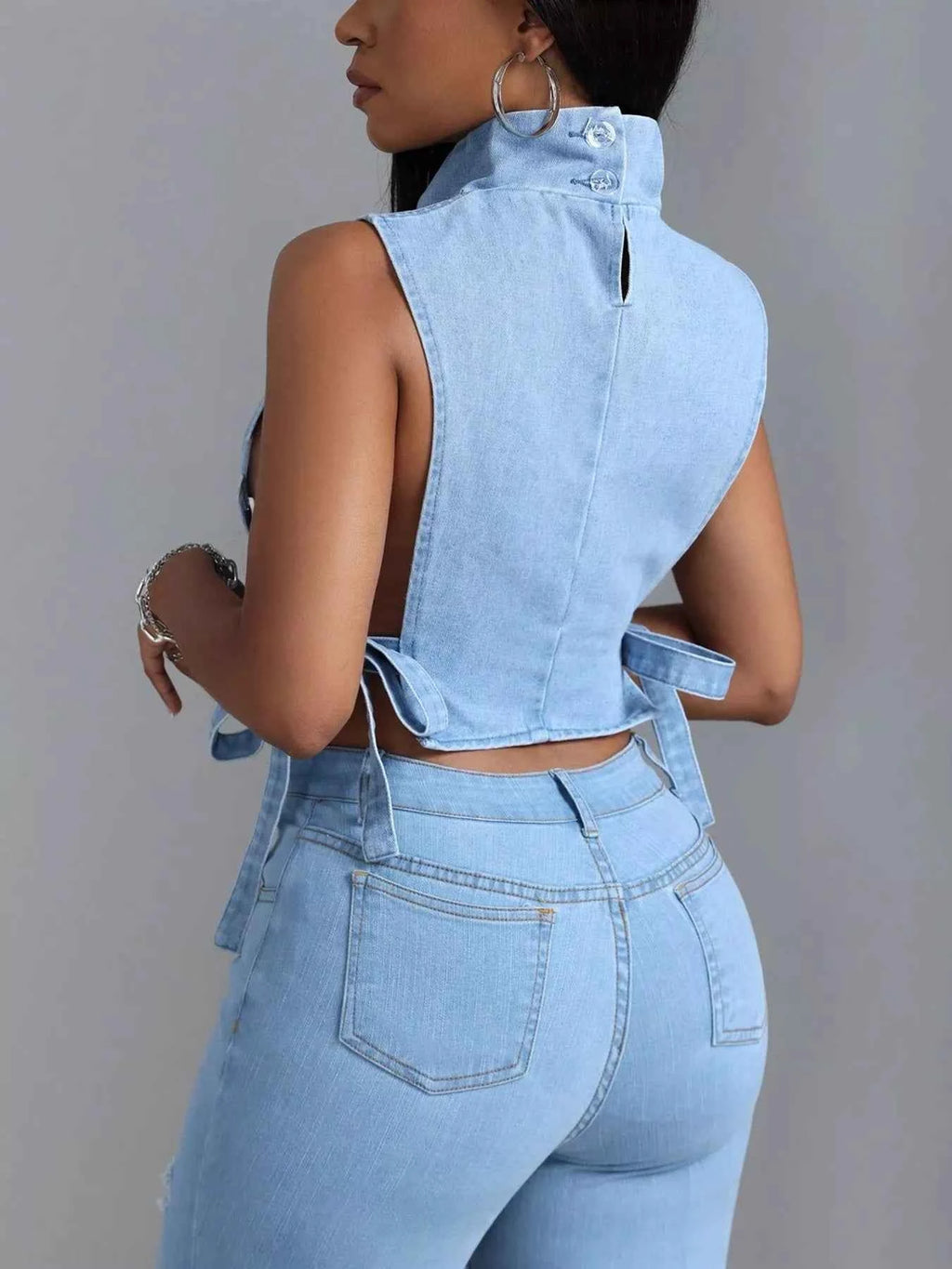 Sleeveless Cropped Denim Turtleneck Top with Side Tie Details