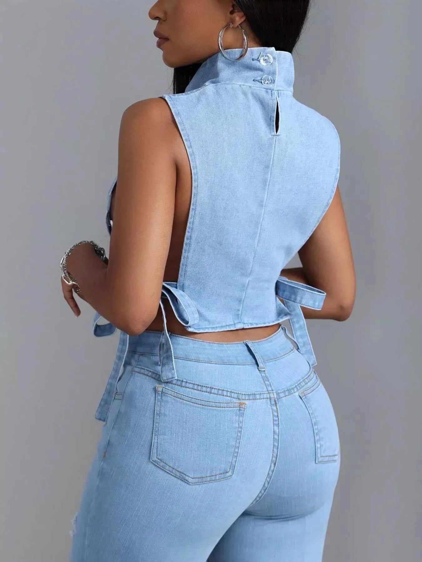 Sleeveless Cropped Denim Turtleneck Top with Side Tie Details
