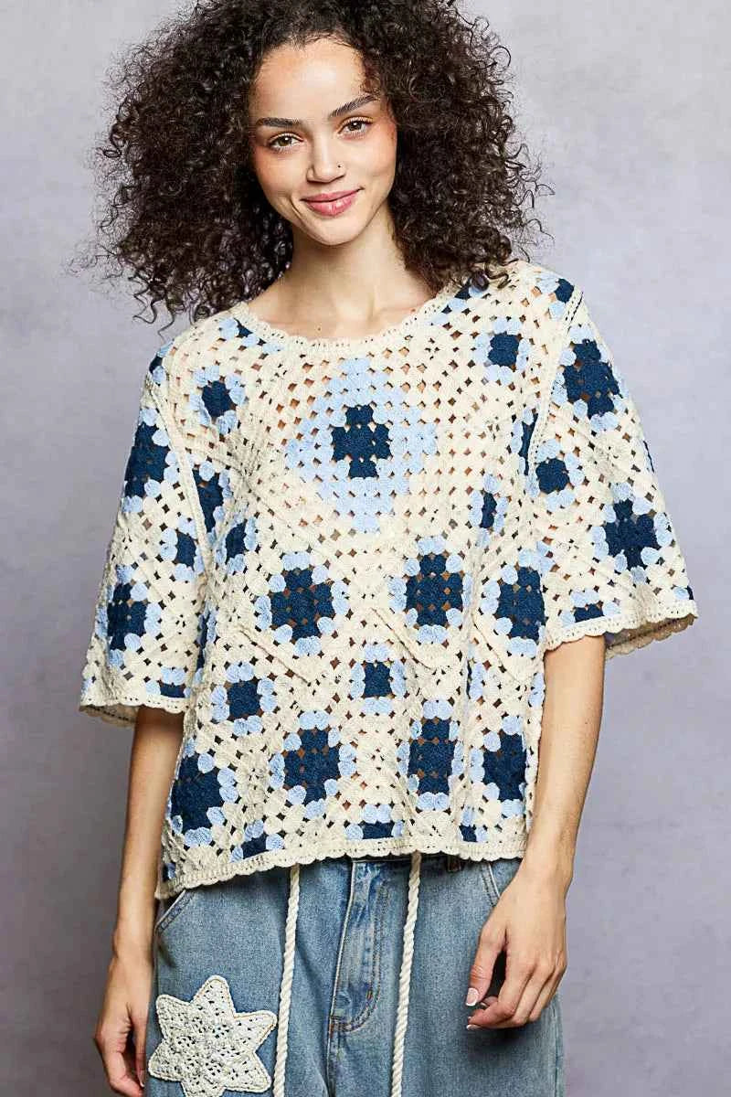 Round Neck Short Sleeve Color Pattern Crochet Top with Border Accents 6774d501-57db-492c-90be-68a78949de3e-Max-Origin