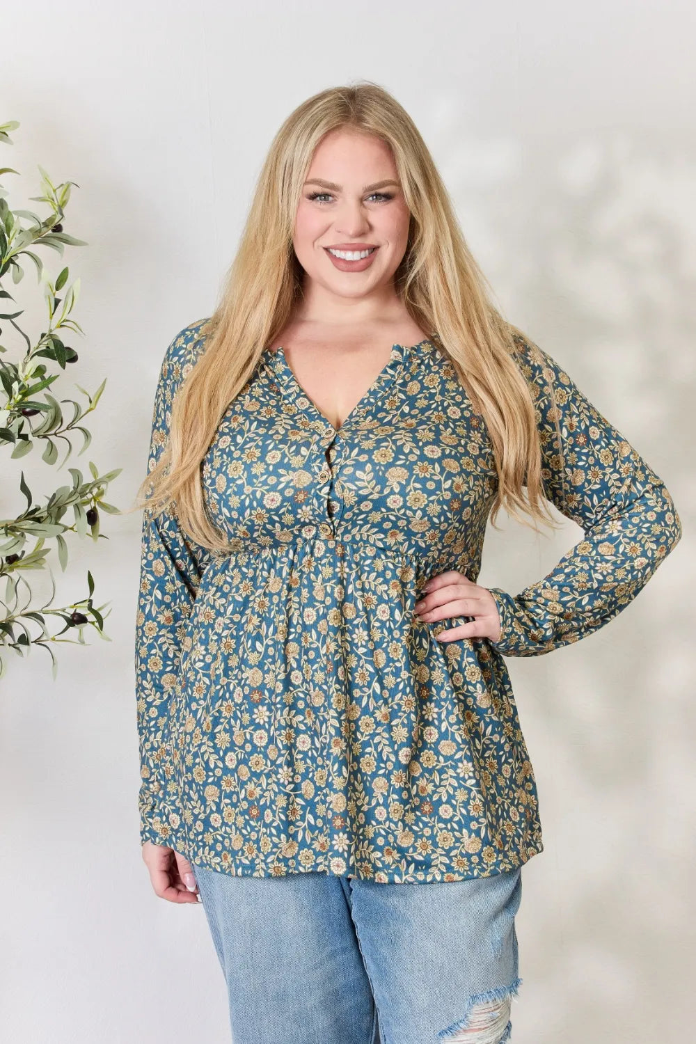 Heimish Full Size Floral Half Button Long Sleeve Blouse 677c9ce2886f482d9bf9ff4ca8fd0bf5-Max