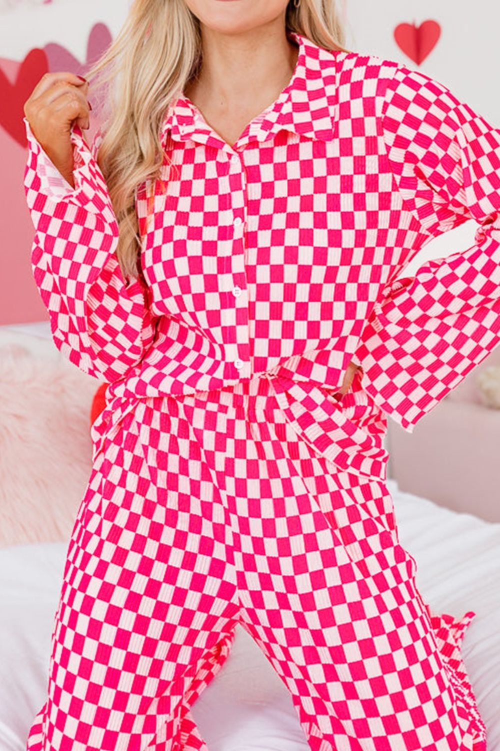 Checkerboard Print Long Sleeve Top and Pants Set 6780a7fe-e216-4237-95a2-700cc417af4e-Max