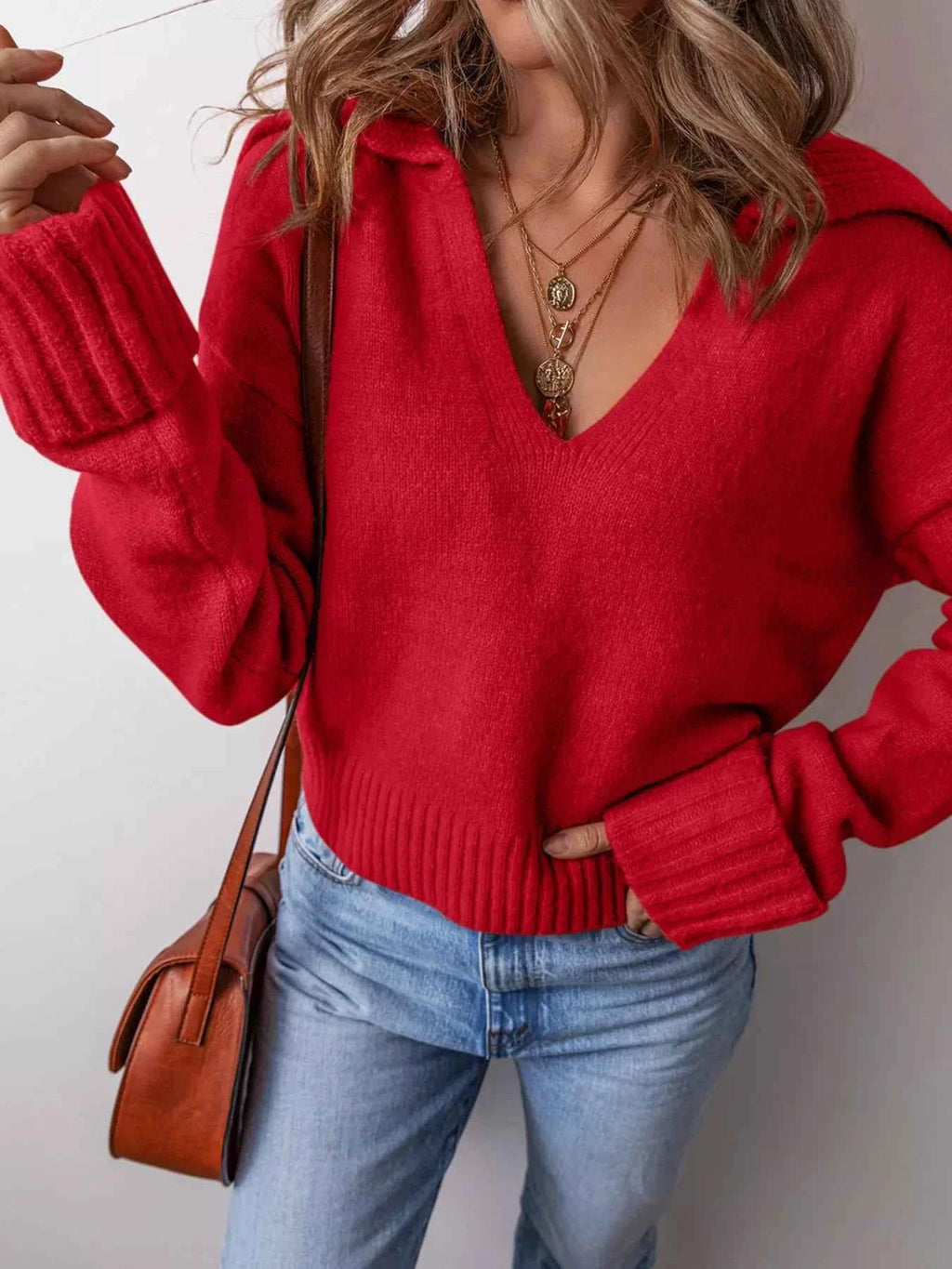 Collared V Neck Ribbed Edge Sweater 67811cbdf59749e188b8398466baff11-Max-Origin