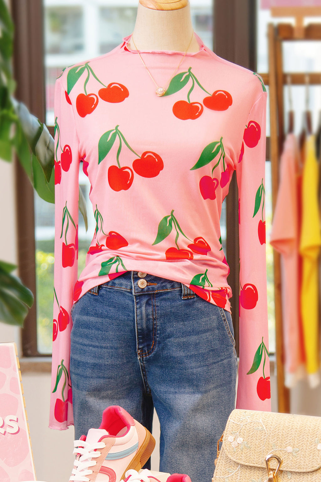 Pink Cherry Print Lettuce Trim Long Sleeve Mesh Top 678445f74a5c2fb7