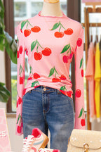 Pink Cherry Print Lettuce Trim Long Sleeve Mesh Top 678445f74a5c2fb7