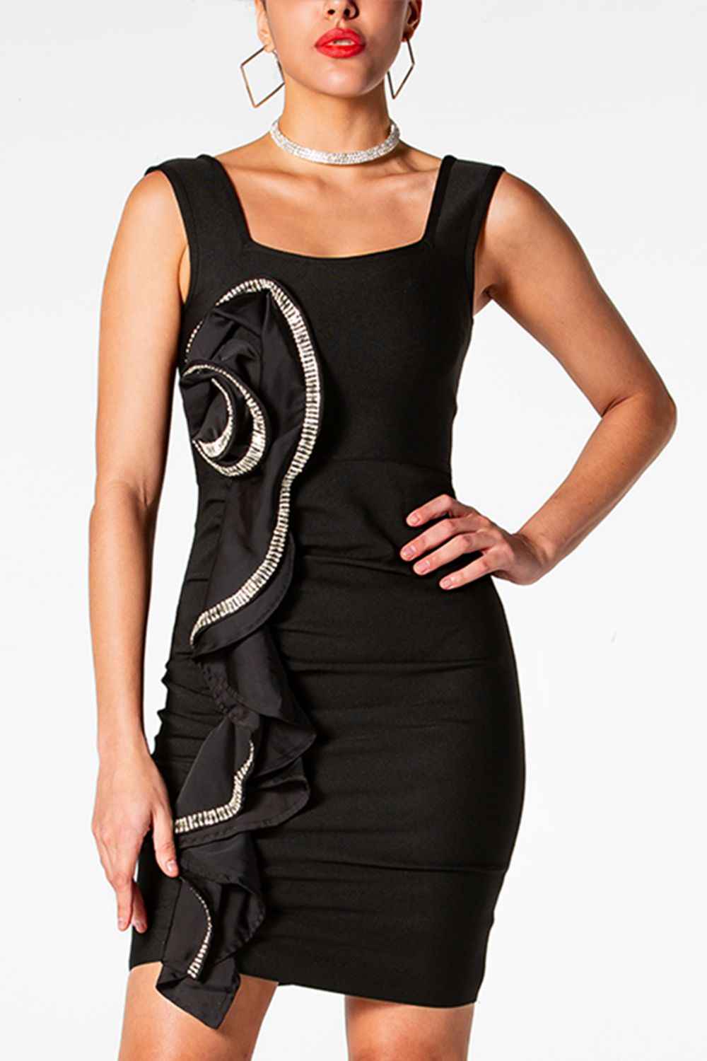 Square Neck Ruffled Sleeveless Mini Dress Black 67889ba2aa27426fa81ec0c80e785114-Max