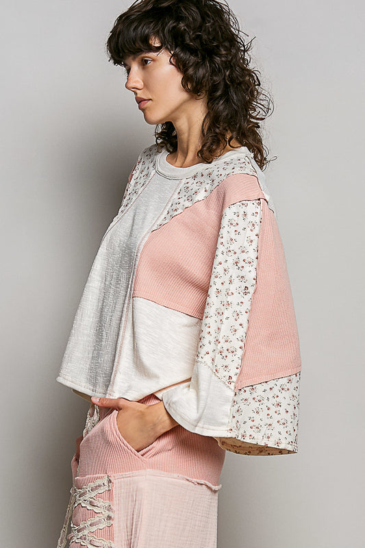 Exposed Seam Floral Patchwork Round Neck Textured Slub Knit Top 6788e642-99ec-4175-9d93-50f77d2c3fe8-Max