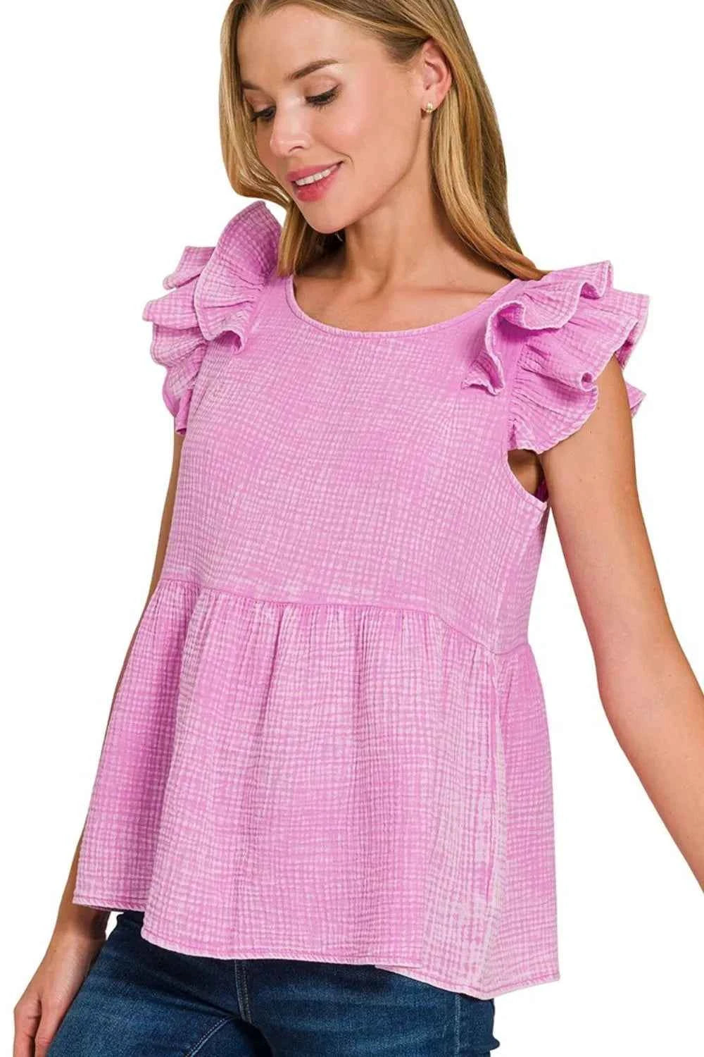 Zenana Double Gauze Acid Washed Tiered Ruffle Peplum Top 678accdf-be49-40b4-b769-5a37d06d3cd4-Max-Origin