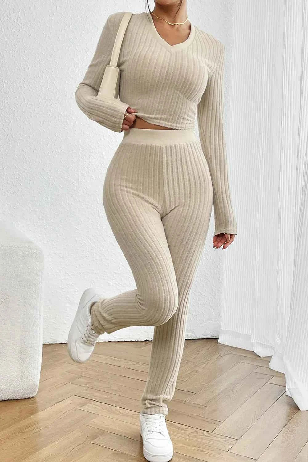Ribbed V-Neck Long Sleeve Cropped Top and Pants Set 678baef2-62d8-46f9-8fdd-6d1a5be31c91-Max