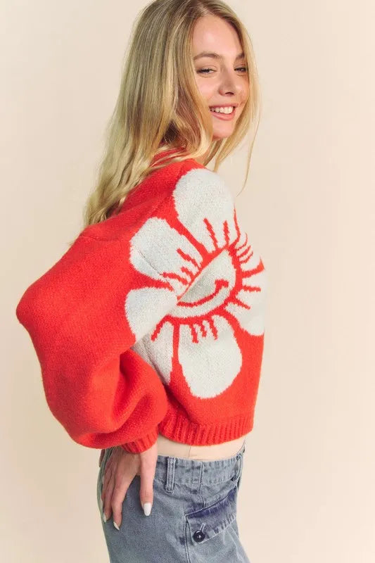 Davi & Dani Flower Contrast Round Neck Long Sleeve Cardigan 679119dc-15a1-4248-b40b-e8fe117bd720-Max
