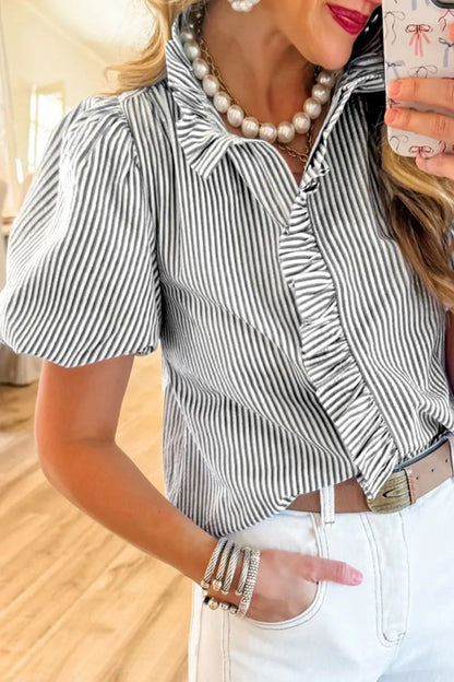 Striped Ruffle Short Bubble Sleeve Shirt