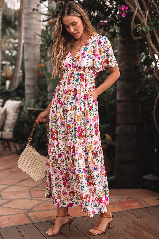 Red Floral Short Sleeve V Neck High Waist Maxi Dress 679e66a300e8ef1d