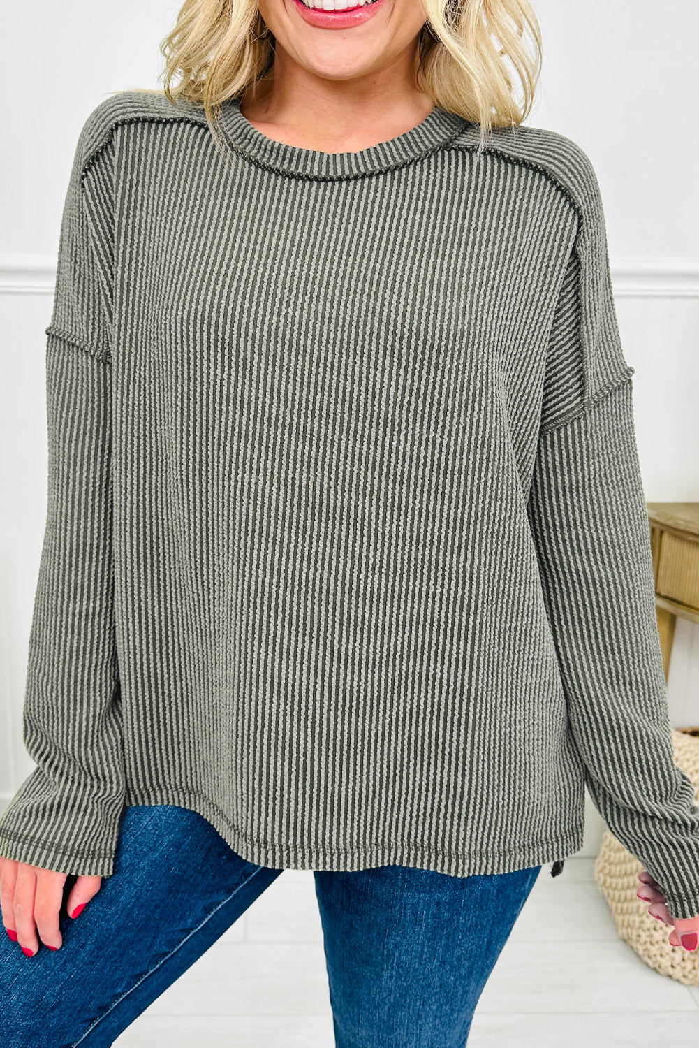 Green Bay Twisted Rib Exposed Seam Detail Long Sleeve Loose Top 67a2a6d067c8e20b