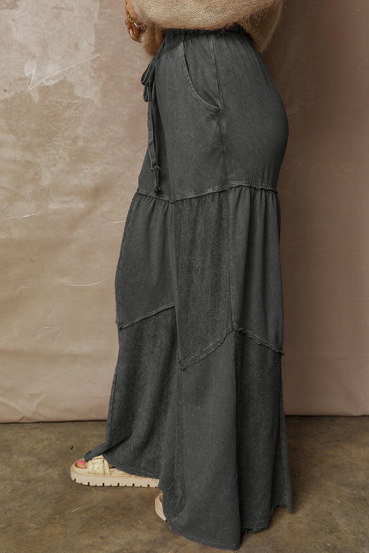 Black Mineral Wash Tiered Wide Leg Patchwork Drawstring Pants 67a2d14b946f40b5
