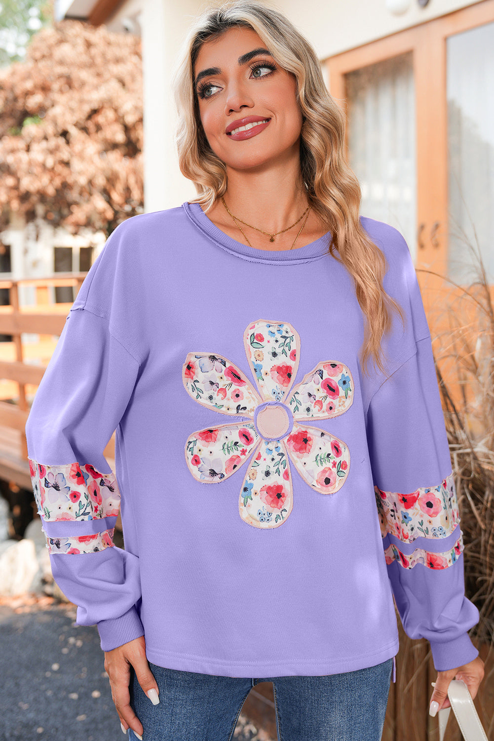Wisteria Flower Applique Patchwork Drop Sleeve Pullover Sweatshirt 67a52d84377d03ff