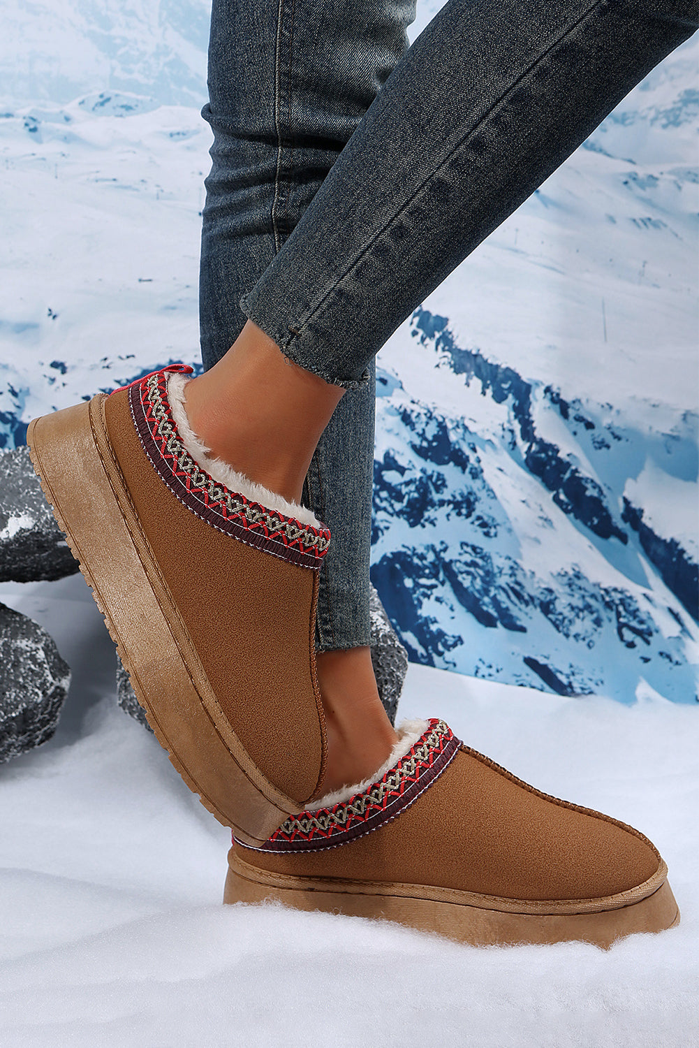 Chestnut Suede Contrast Print Round Toe Plush Lined Flats 67adc42569ebd4db
