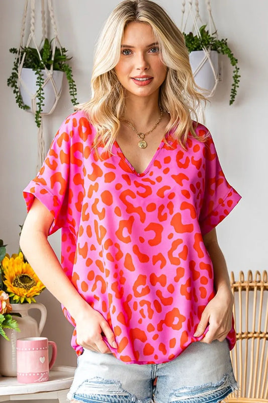 Leopard V-Neck Short Sleeve Woven Top 67b1fd9c-e14d-4aff-8598-6cd4c33ae54e-Max