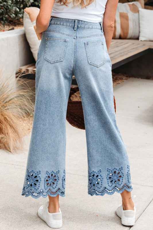 Solid Denim Embroidered Wide Leg Jeans 67b28941-137b-43a9-b05e-ce51e80367d1