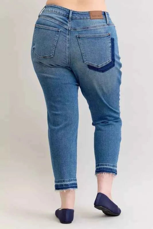 Judy Blue Full Size Mid Rise Bf Patch & Repair Destroy Release Hem Jeans Plus Size 67b700c5-1593-45d3-82cc-0dbbb73b0578-Max-Origin