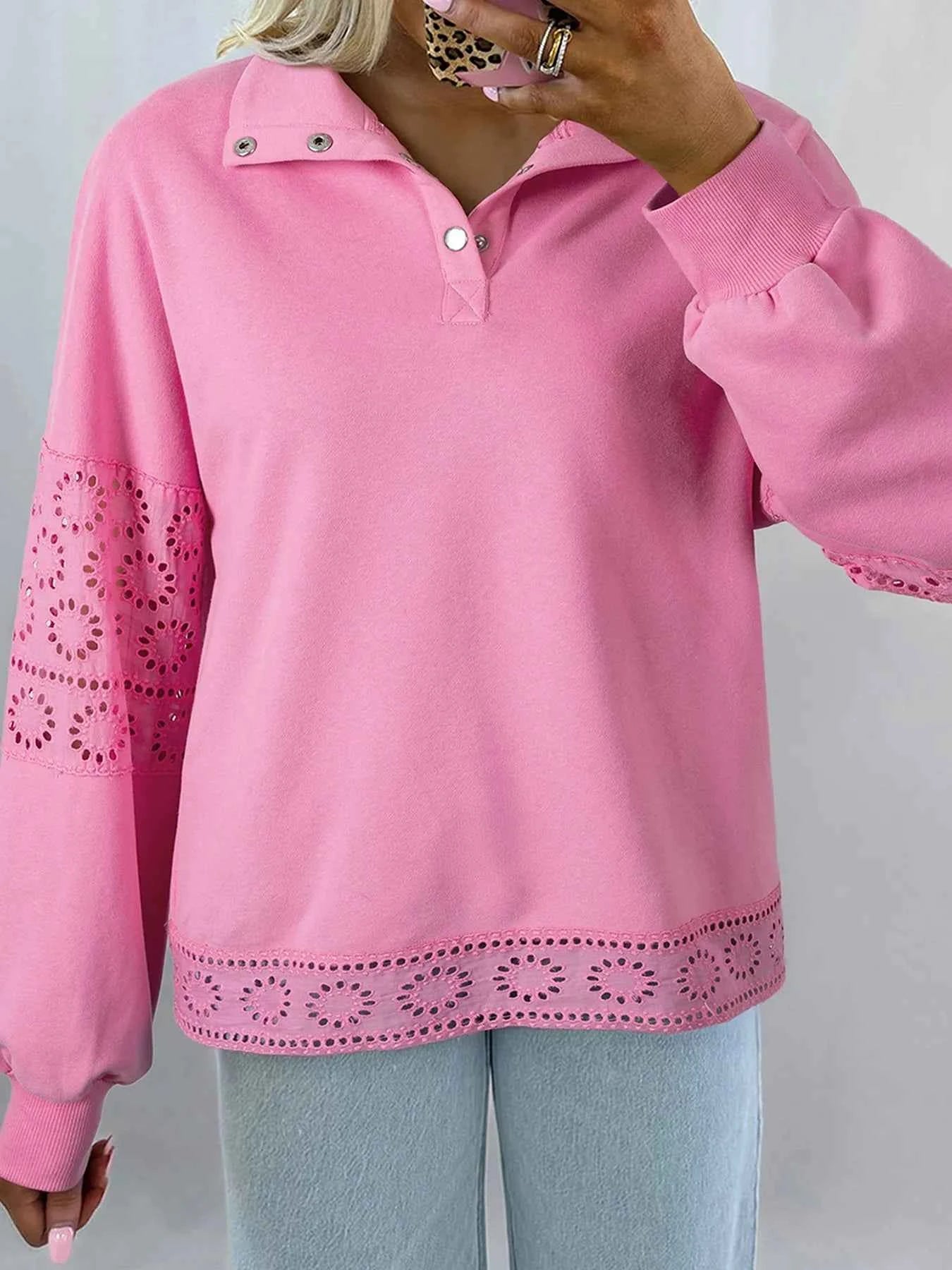 Eyelet Lace Detail Snap Down Sweatshirt Pink 67b7711f-2d0c-4daa-a1a6-81eac8e75a7a-Max-Origin