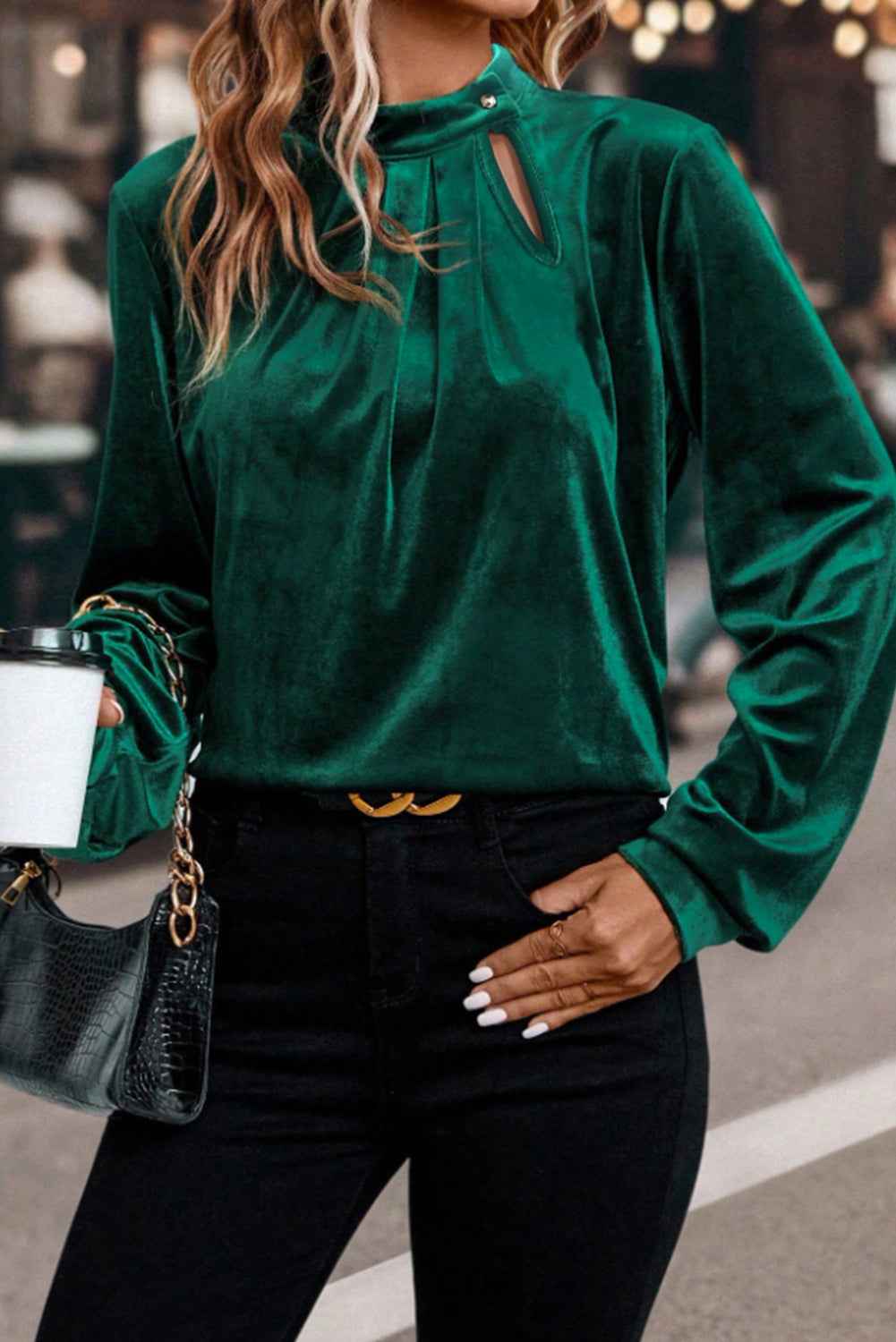 Red Dahlia Asymmetric Button Keyhole Neck Long Sleeve Velvet Blouse 67b84fe577aaf399