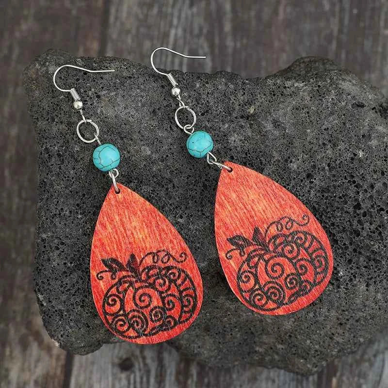 Turquoise Wooden Pumpkin Teardrop Earrings 67bb35b7-5cde-4ed9-9041-2c530d50d83f-Max