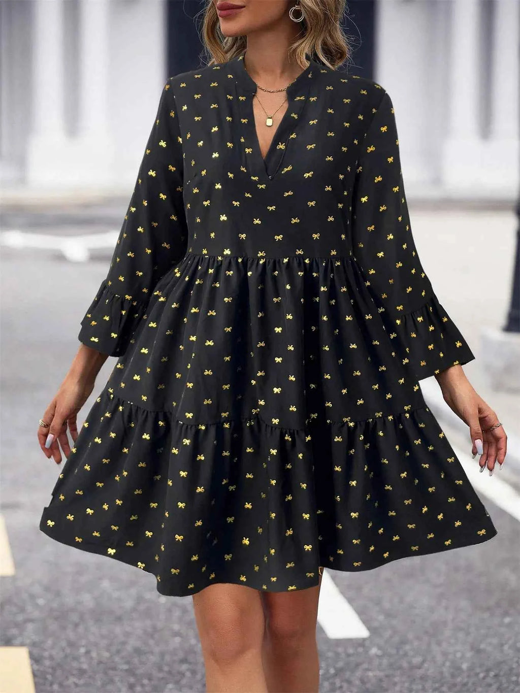 Bow Notched Long Sleeve Dress 67bbb9b7-0c85-4a51-9eba-cc80e6b8e490-Max-Origin