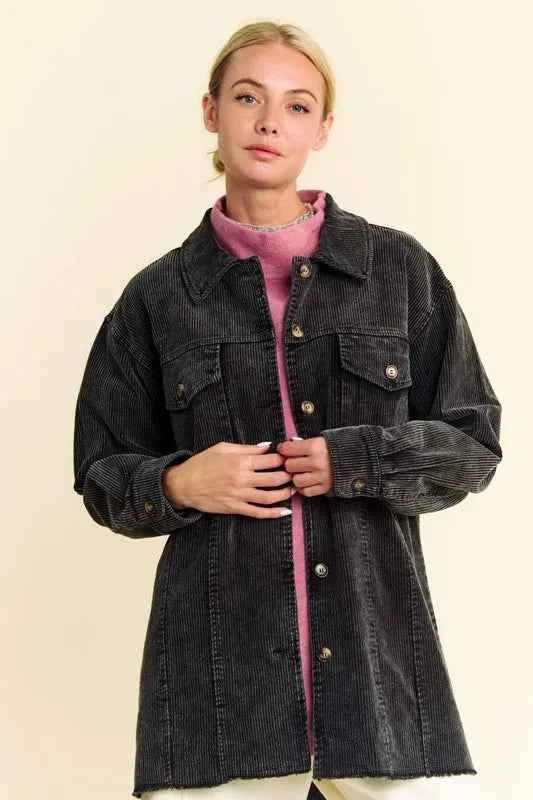 Davi & Dani Washed Corduroy Raw Hem Button Up Jacket Black 67be29b6-9613-4f52-9d13-9c62bae255fd-Max