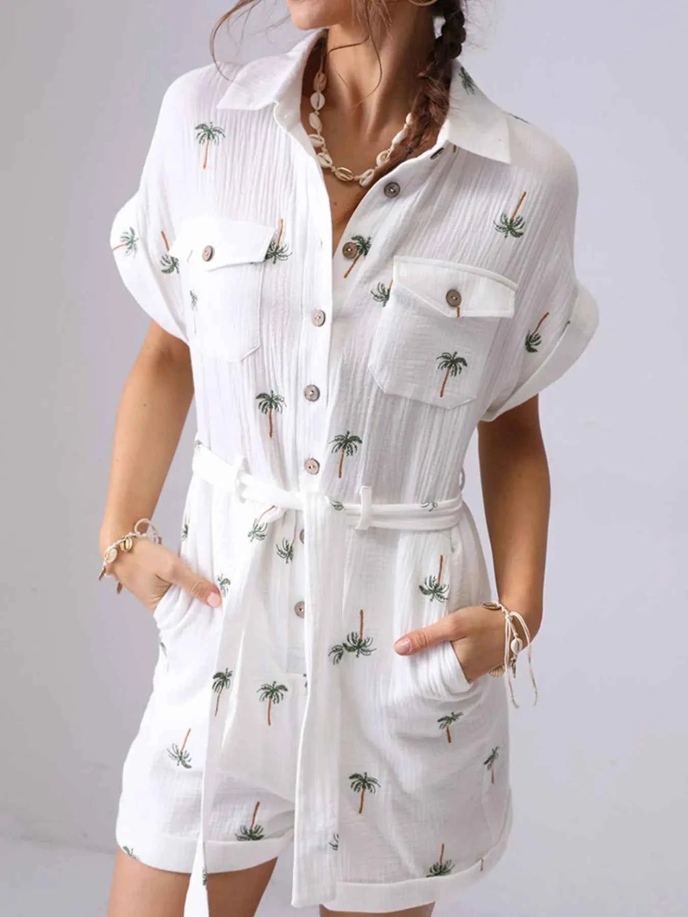 Palm Tree Print Short Sleeve Button-Up Romper with Belt 67c2df98-ec4a-4b47-a571-7dd808d6722a-Max-Origin