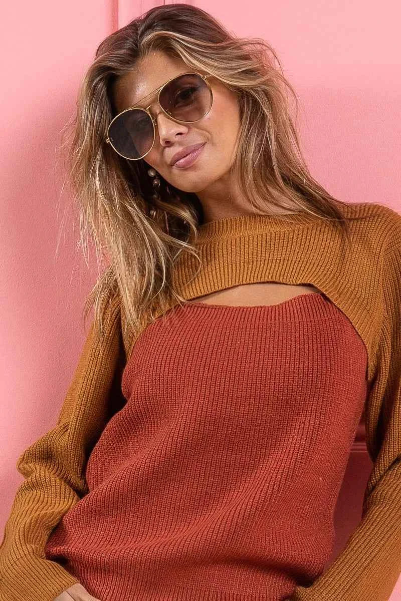 BiBi Color Block Sweater Knit Top With Cut Out Neck 67c72c29a487474089473198ed64e856-Max-Origin