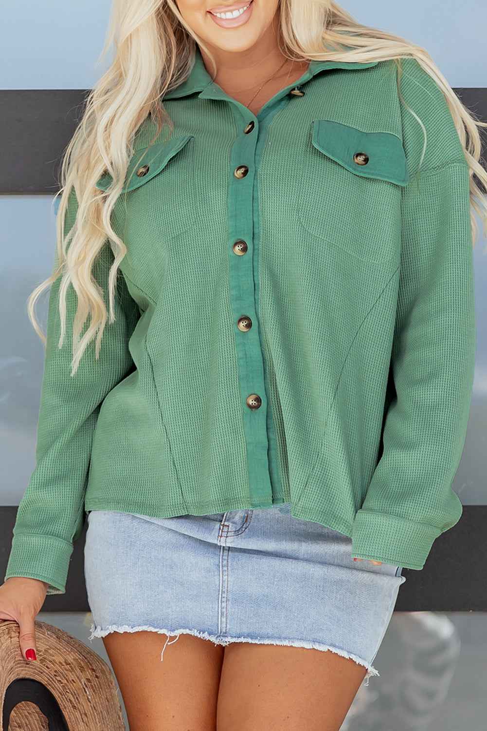 Grass Green Waffle Knit Vintage Patchwork Button Up Loose Shirt Grass Green 75%Polyester+25%Cotton 67c7b5ba75b137b6
