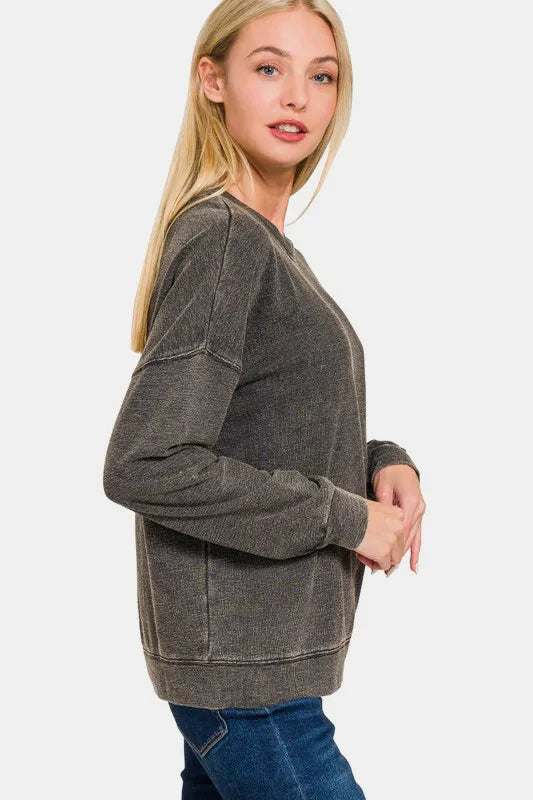 Zenana Washed Round Neck Dropped Shoulder Sweatshirt 67c99330-38ec-4121-8289-e27311c1b6c3-Max