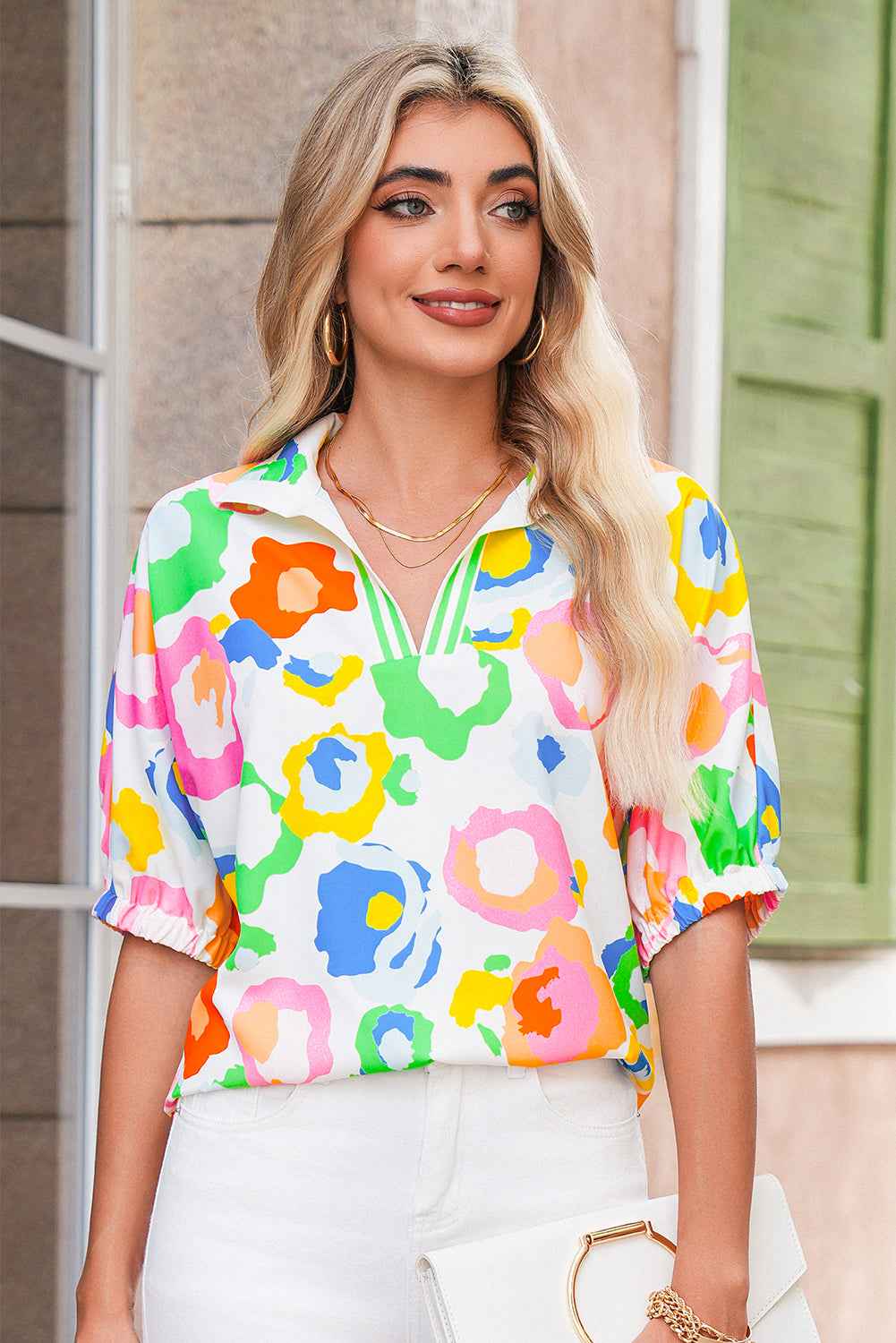 Green Abstract Leopard Short Sleeve Pop of Color Neckline Blouse 67d06812bd931be5