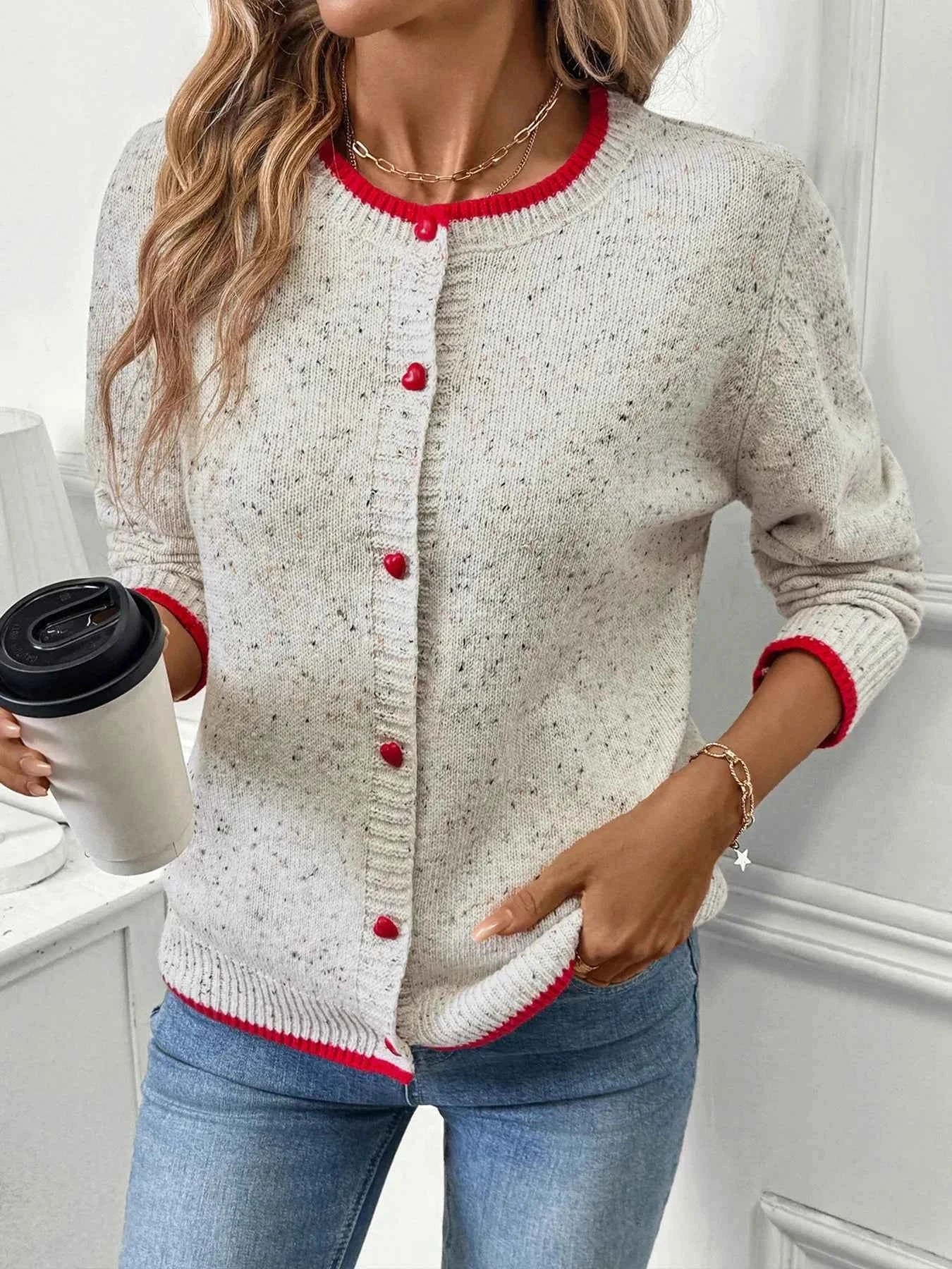 Contrast Trim Button Up Long Sleeve Cardigan Light Gray 67d1e9b310b24edc954596367e7acedf-Max-Origin