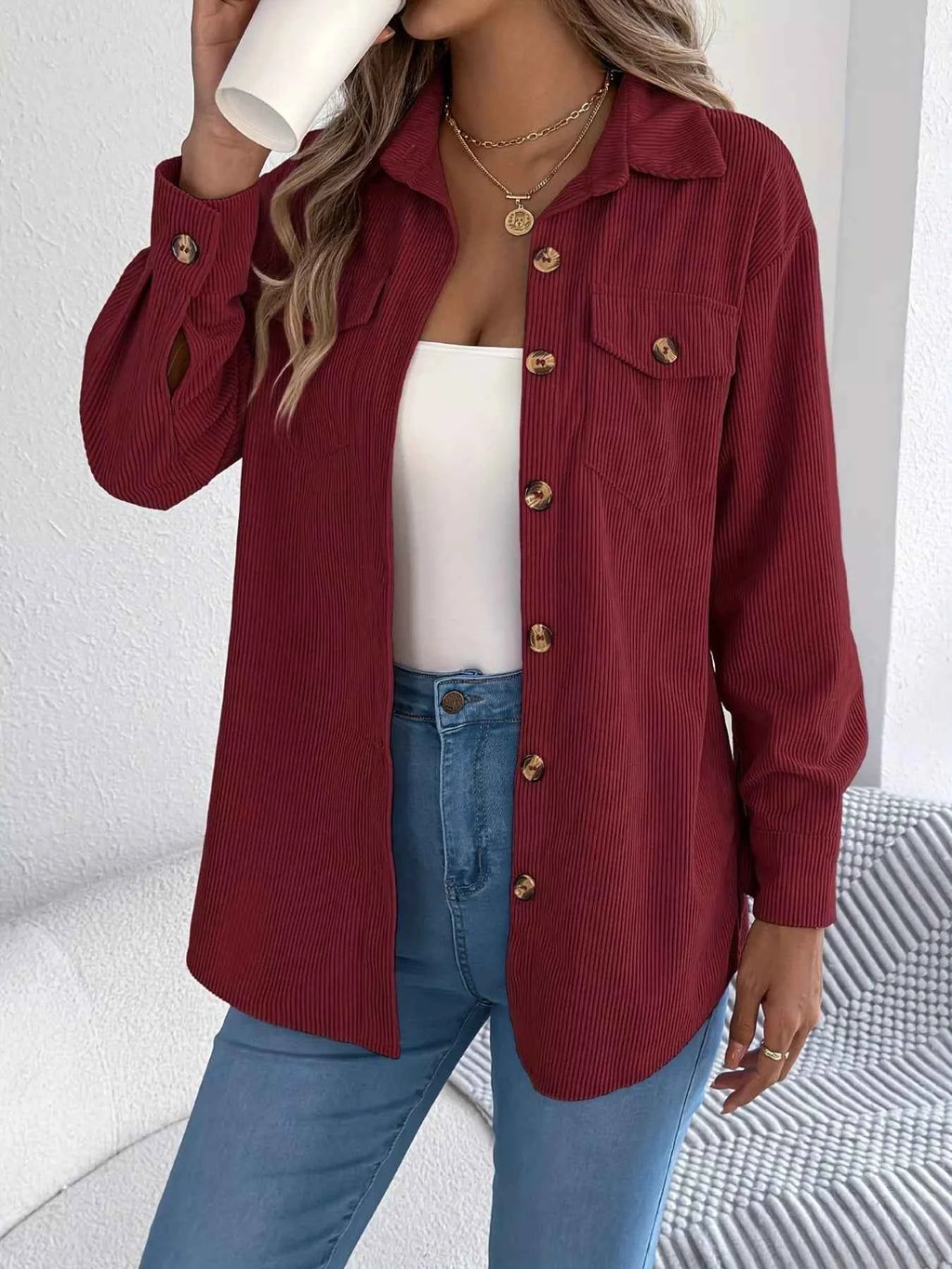 Corduroy Button-Up Long Sleeve Shacket 67d23ab8a827476b80303354746f4f7e-Max-Origin