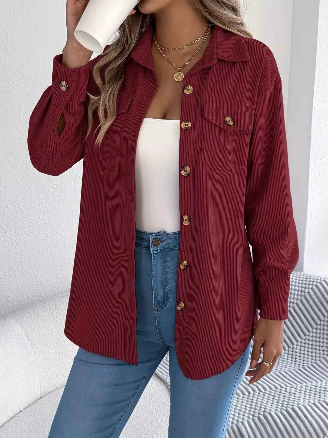 Corduroy Button-Up Long Sleeve Shacket 67d23ab8a827476b80303354746f4f7e-Max-Origin