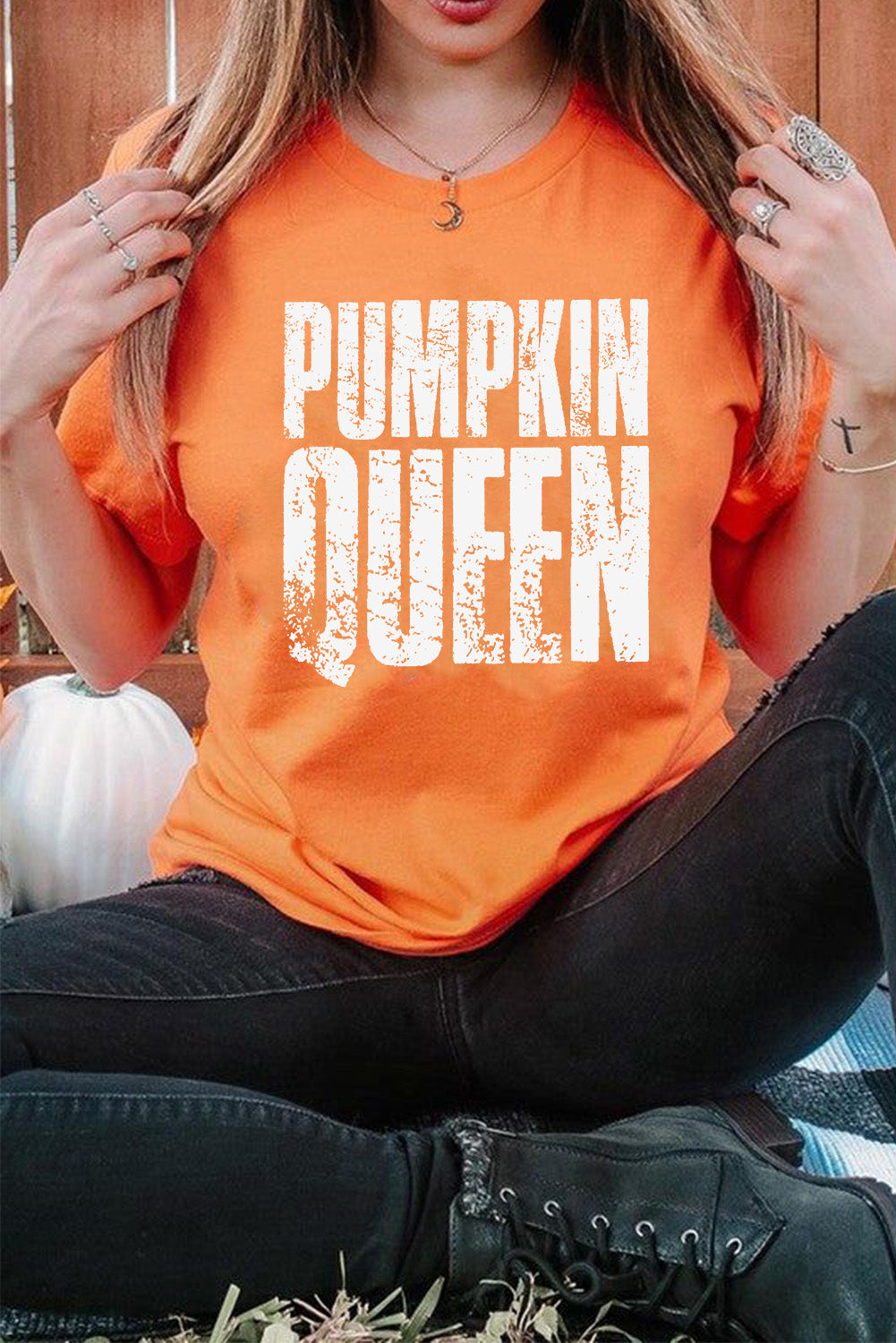 Orange PUMPKIN QUEEN Heat Transfer Printing Graphic Crew Neck Tee 67d257866d597fe7
