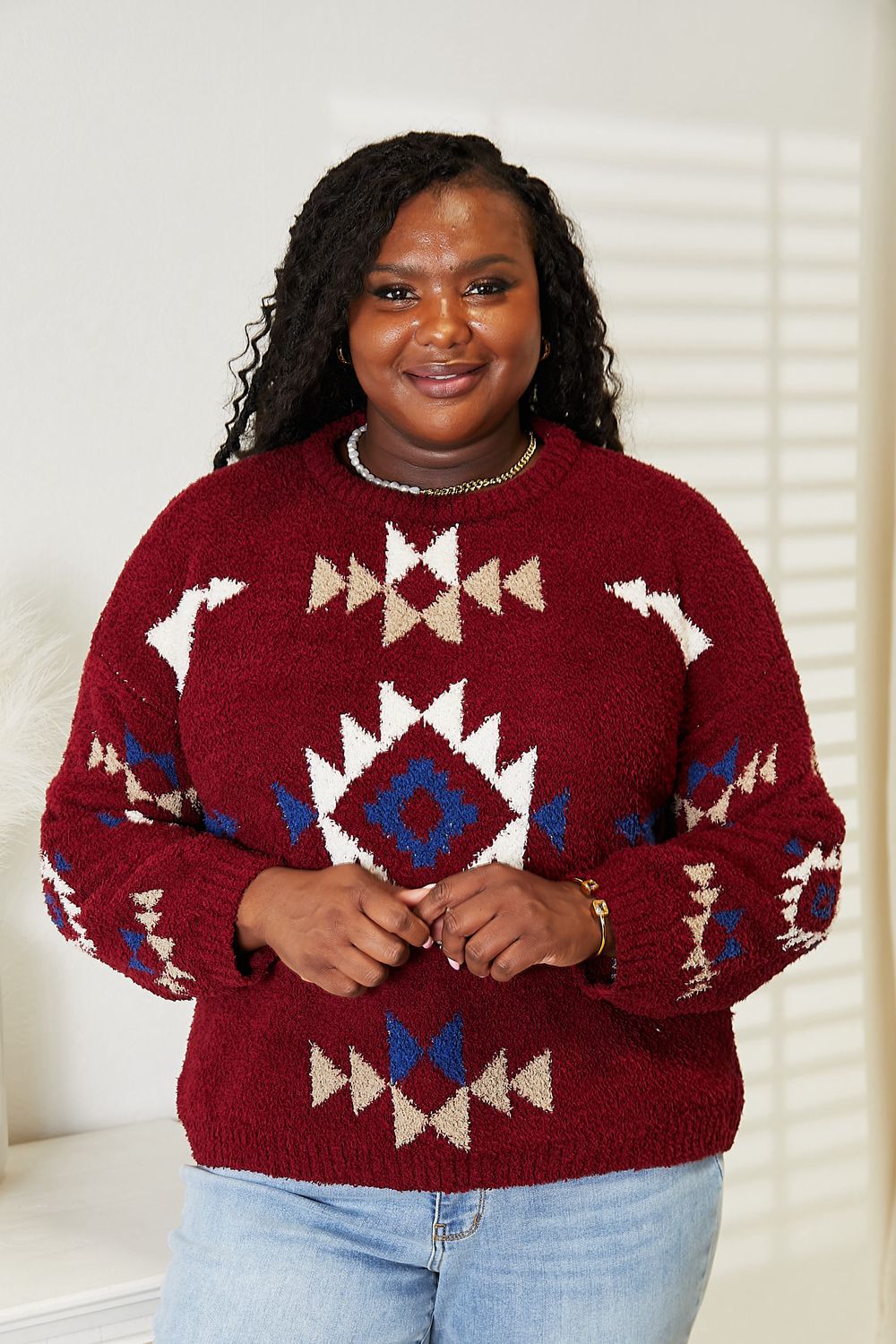HEYSON Full Size Aztec Soft Fuzzy Sweater Burgundy 67d4d725ac69473995ded2e07b6d72d7-Max