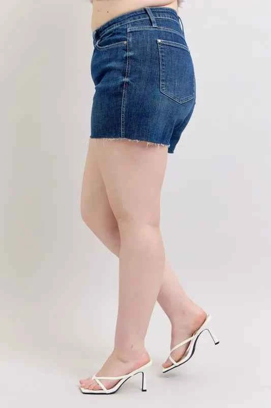 Plus Size High Waist Criss-Cross Waistband Denim Shorts 67da244e86d54607bc12ea53f9a11648-Max-Origin