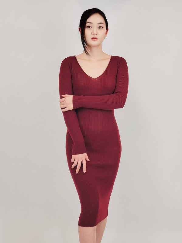 V-Neck Sheer Ribbed Knit Long Sleeve Sweater Dress Wine 67da7279-38e5-4f2b-82e6-0f4d7704855a