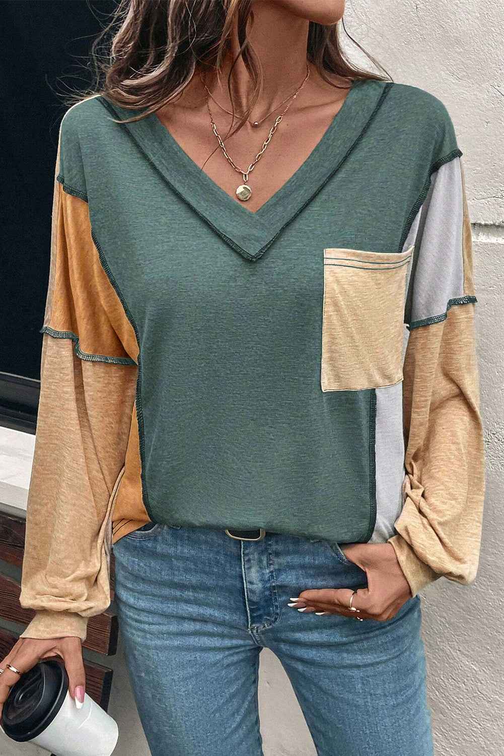 Sail Blue Exposed Stitching Colorblock V Neck Long Sleeve Top Four Leaf Clover 75%Polyester+20%Viscose+5%Elastane 67dc9dc836ac123a