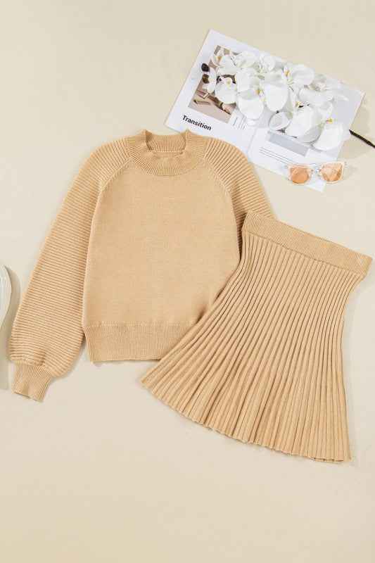 Solid High Neck Sweater and Pleated Mini Skirt Set 67e1ef1a-9d62-4ee6-bfc6-adac2a5def9a