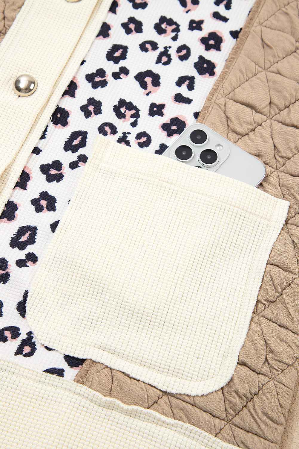 Khaki Leopard Waffle Quilted Patchwork Button Front Jacket 67e3326262475f14