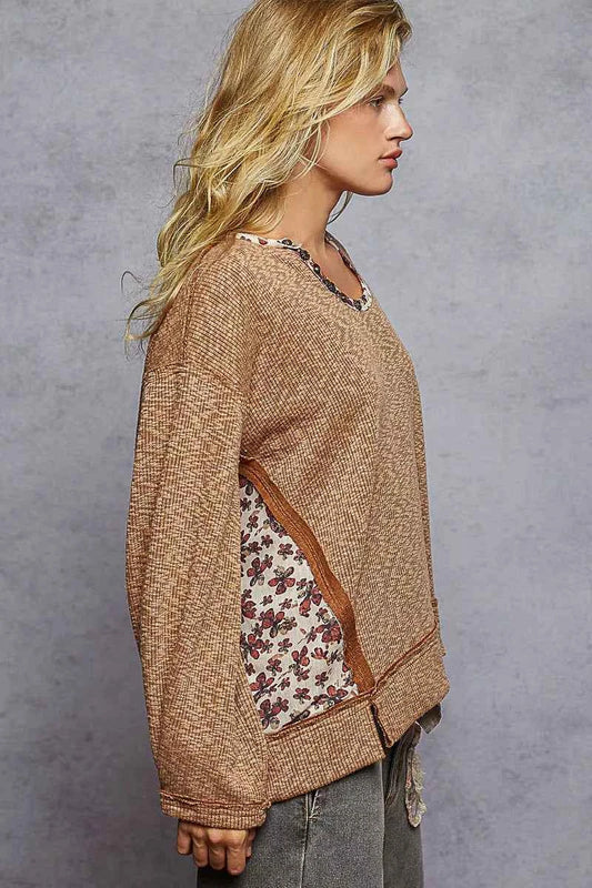 Balloon Sleeve Oversized Ribbed Top with Floral Pattern Contrast 67eb101a-1790-468d-a797-1214d632ed32-Max-Origin
